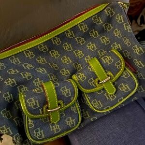 Denim DB shoulder bag with green dooney letter baguette style